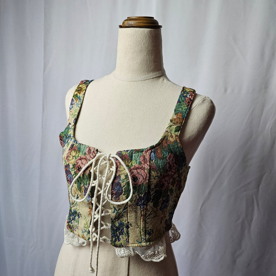 Tapestry Corset Bustier Top Floral Cottagecore Renaissance Lace Up xs/s