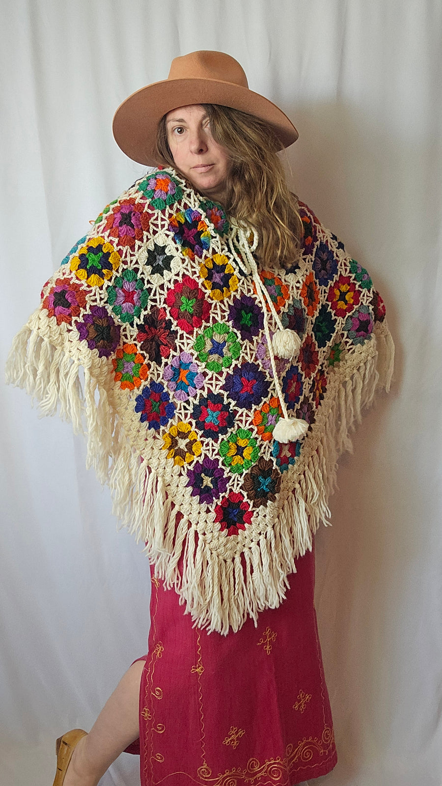 Made In Nepal Pure Wool Rainbow Flower Poncho Jacket OS Fringed Pom Poms