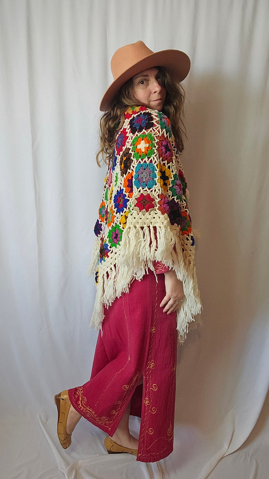 Made In Nepal Pure Wool Rainbow Flower Poncho Jacket OS Fringed Pom Poms