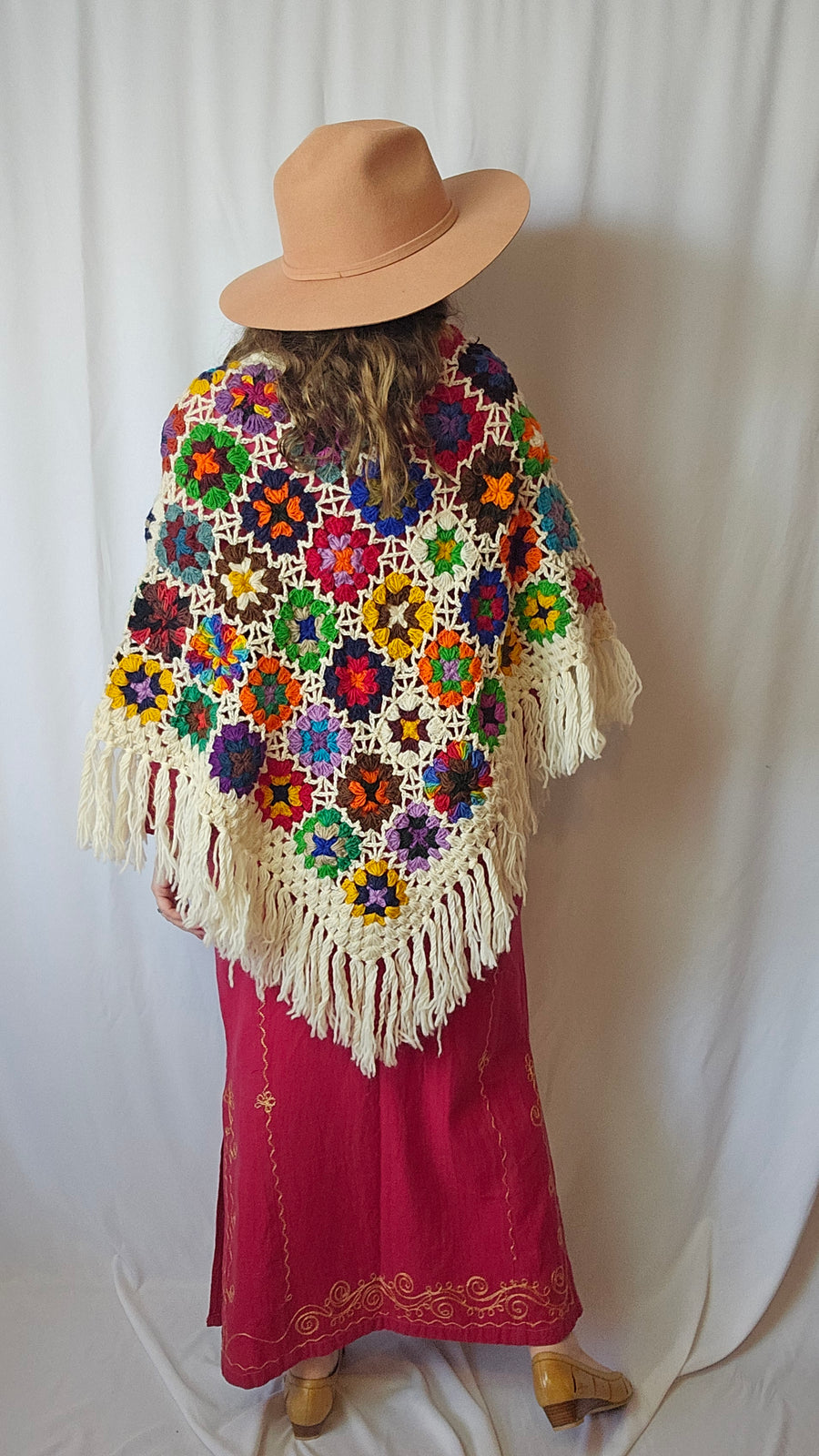 Made In Nepal Pure Wool Rainbow Flower Poncho Jacket OS Fringed Pom Poms