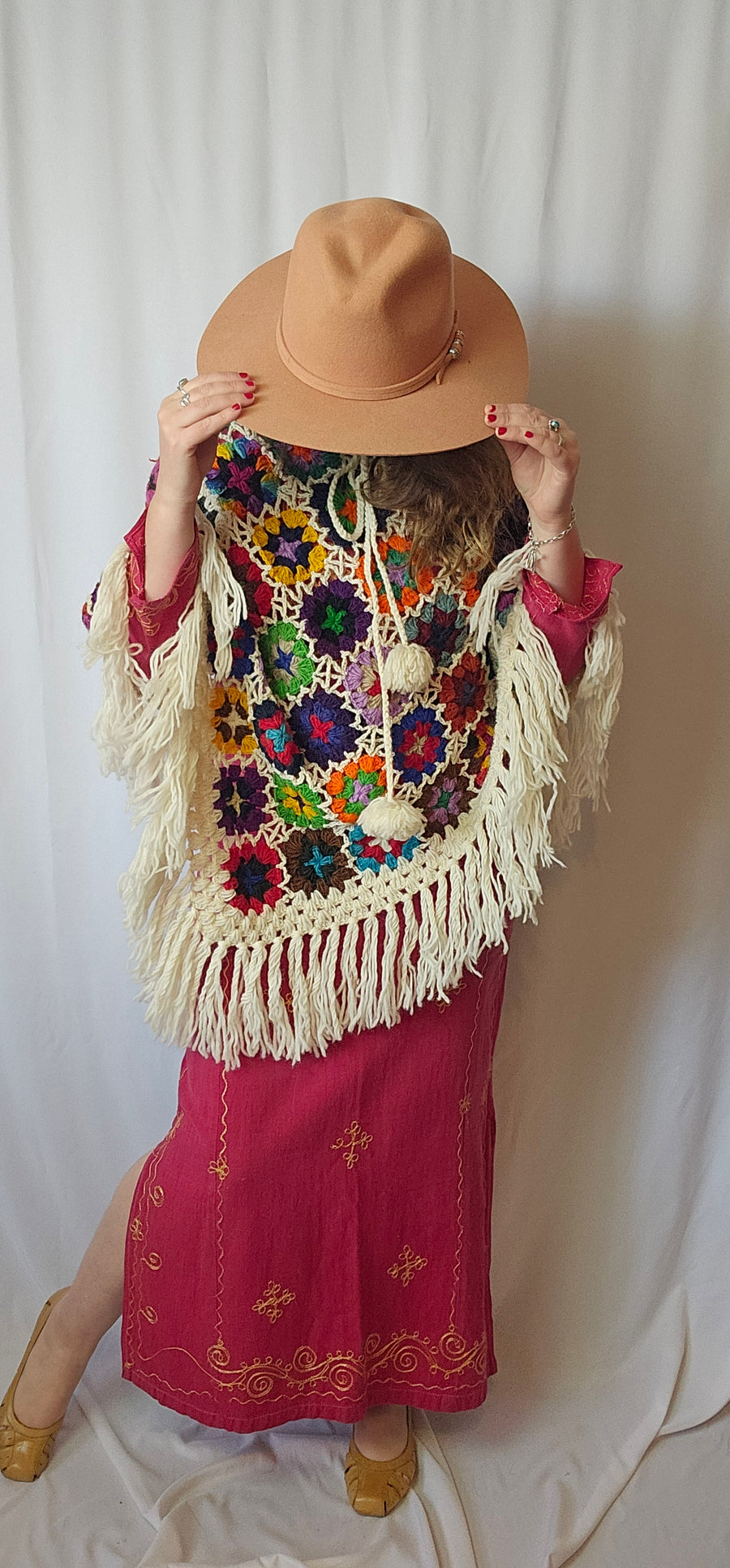 Made In Nepal Pure Wool Rainbow Flower Poncho Jacket OS Fringed Pom Poms