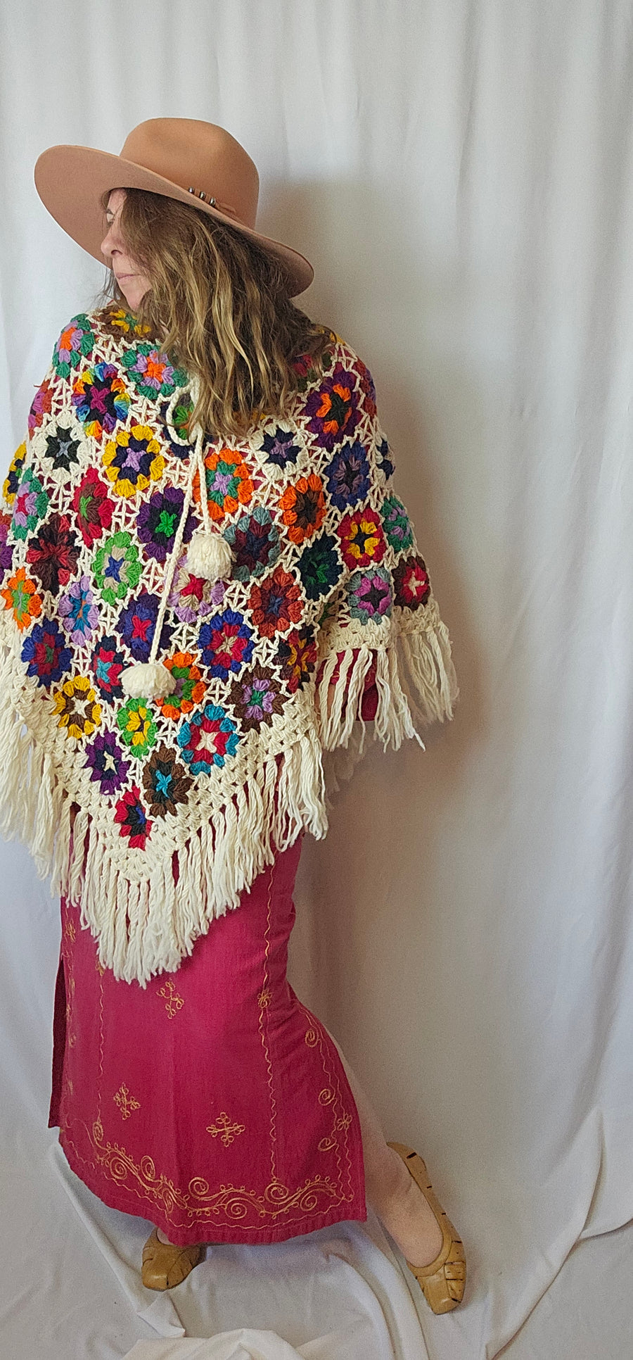 Made In Nepal Pure Wool Rainbow Flower Poncho Jacket OS Fringed Pom Poms