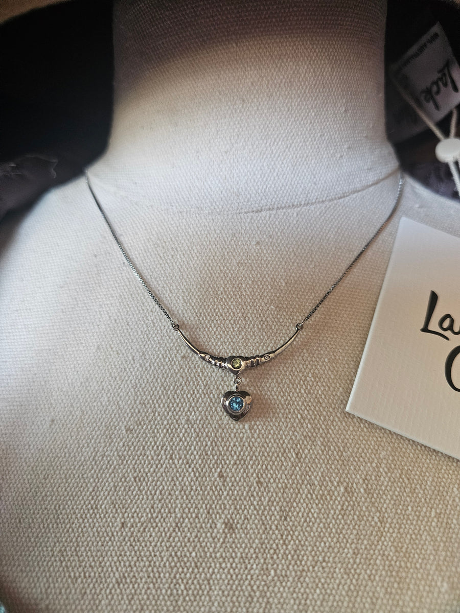 Blue Topaz Silver Heart Pendant with Peridot on S Silver Necklace