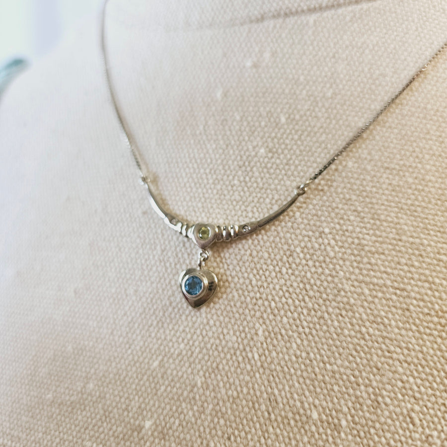 Blue Topaz Silver Heart Pendant with Peridot on S Silver Necklace