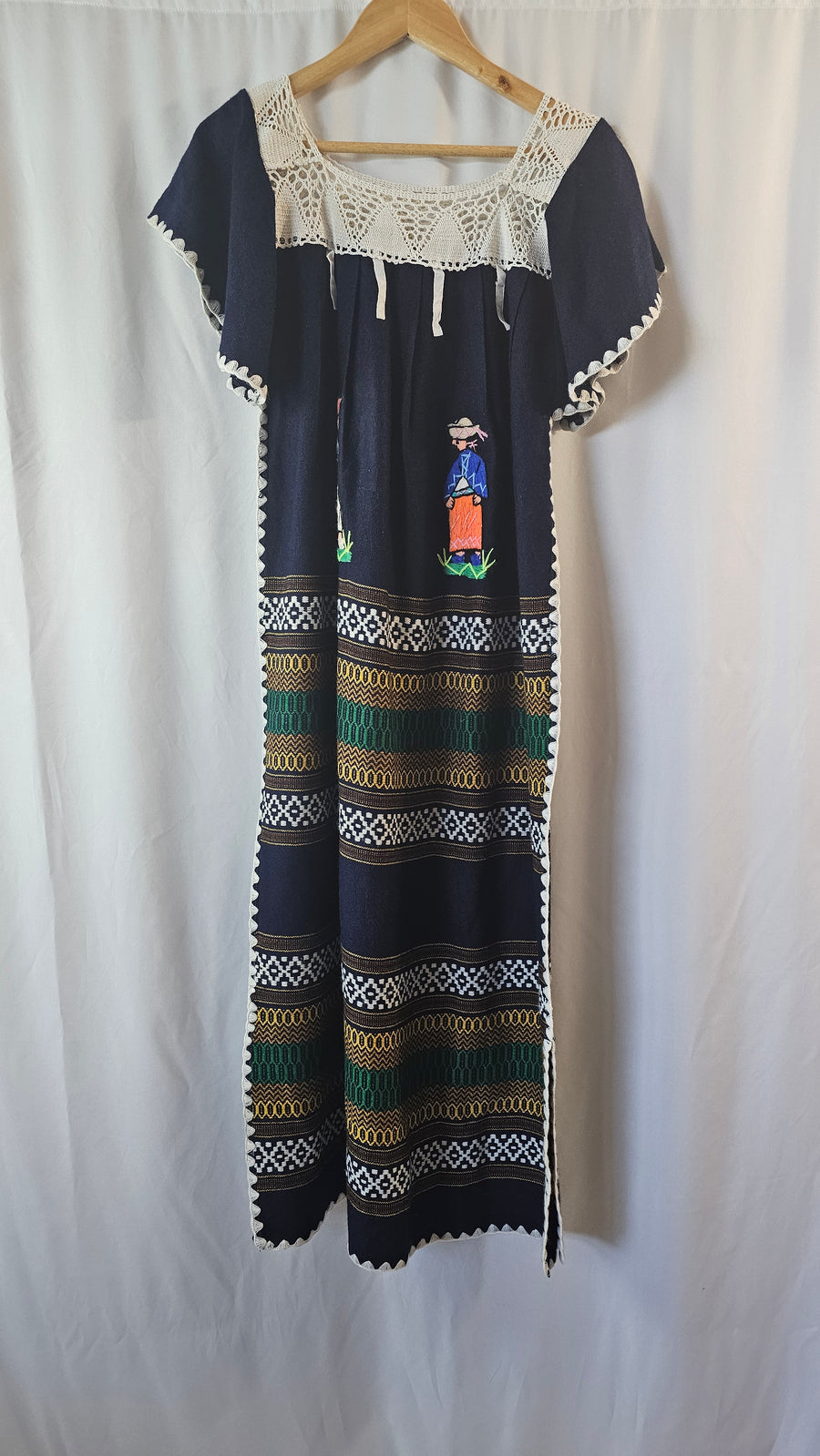 DRESS Maxi Hand Woven Embroidered Crochet yoke Equador Sz S Navy Blanket Artisan