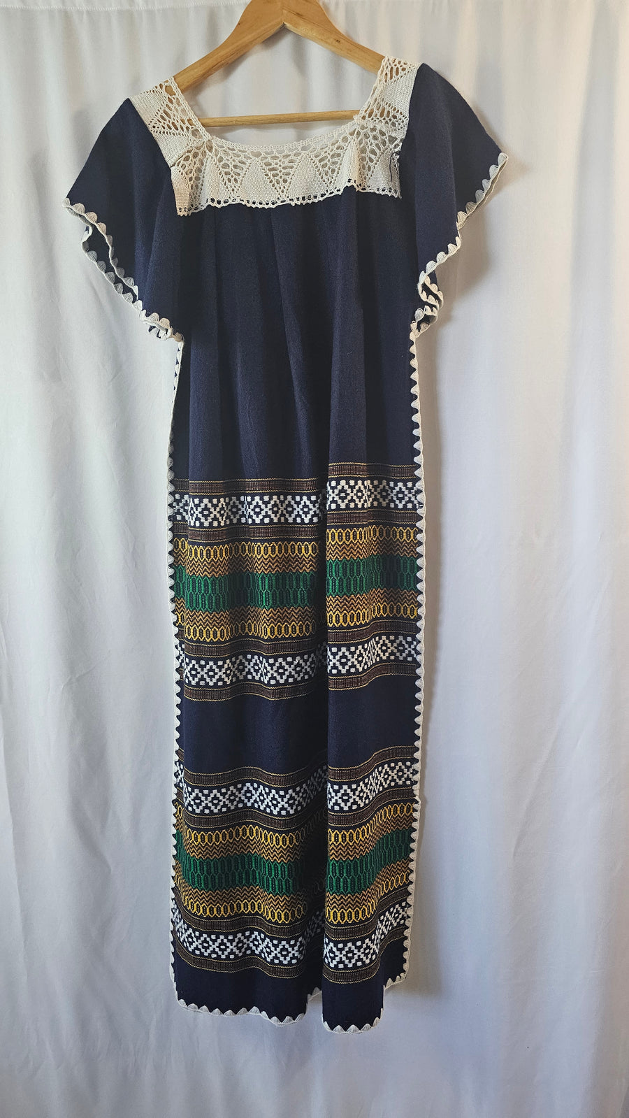 DRESS Maxi Hand Woven Embroidered Crochet yoke Equador Sz S Navy Blanket Artisan