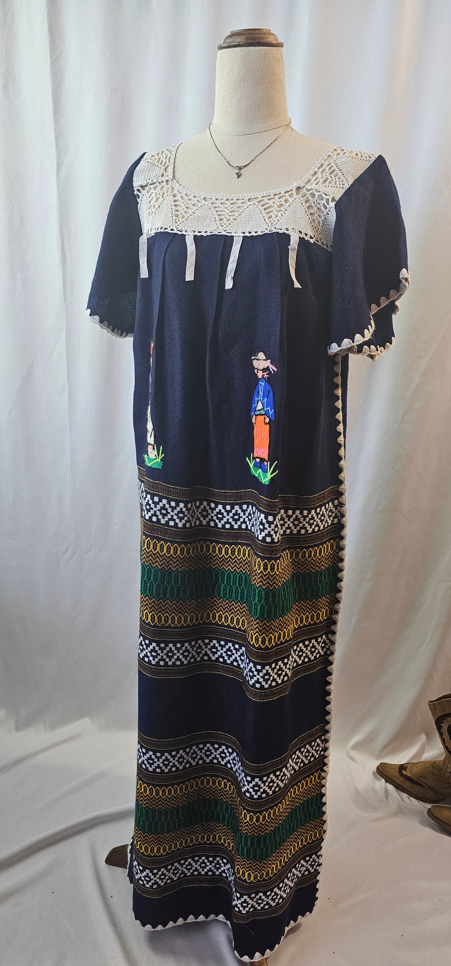 DRESS Maxi Hand Woven Embroidered Crochet yoke Equador Sz S Navy Blanket Artisan