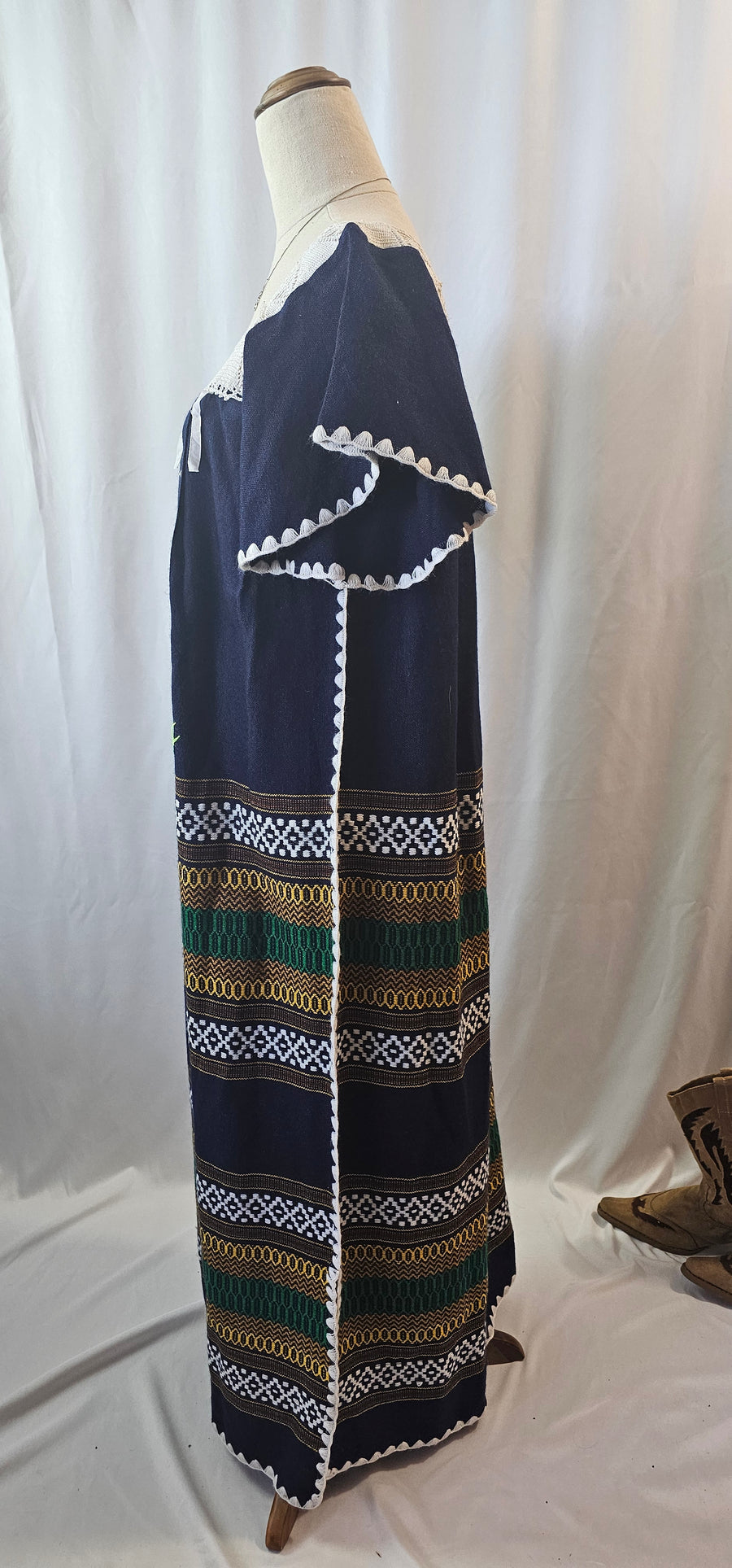 DRESS Maxi Hand Woven Embroidered Crochet yoke Equador Sz S Navy Blanket Artisan