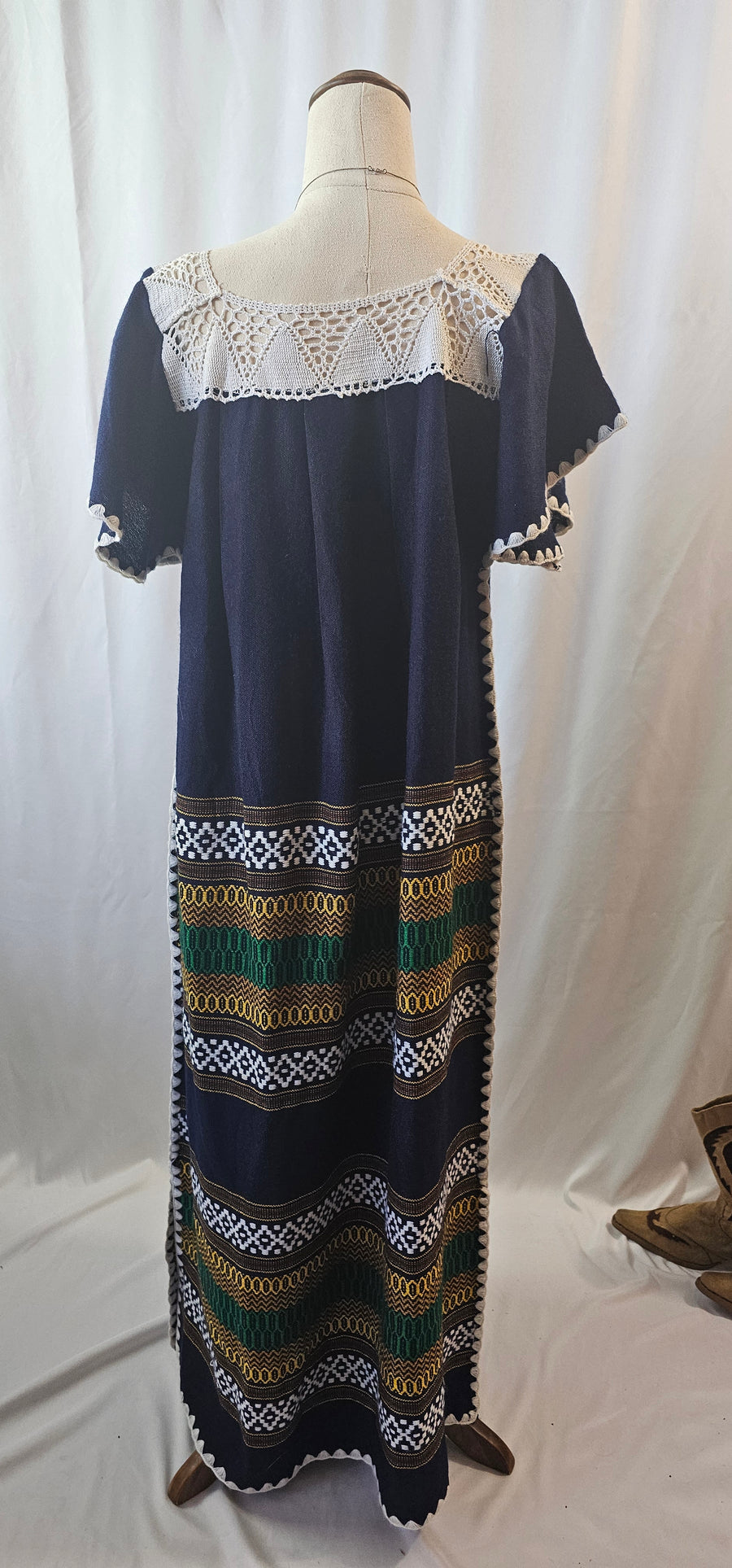 DRESS Maxi Hand Woven Embroidered Crochet yoke Equador Sz S Navy Blanket Artisan