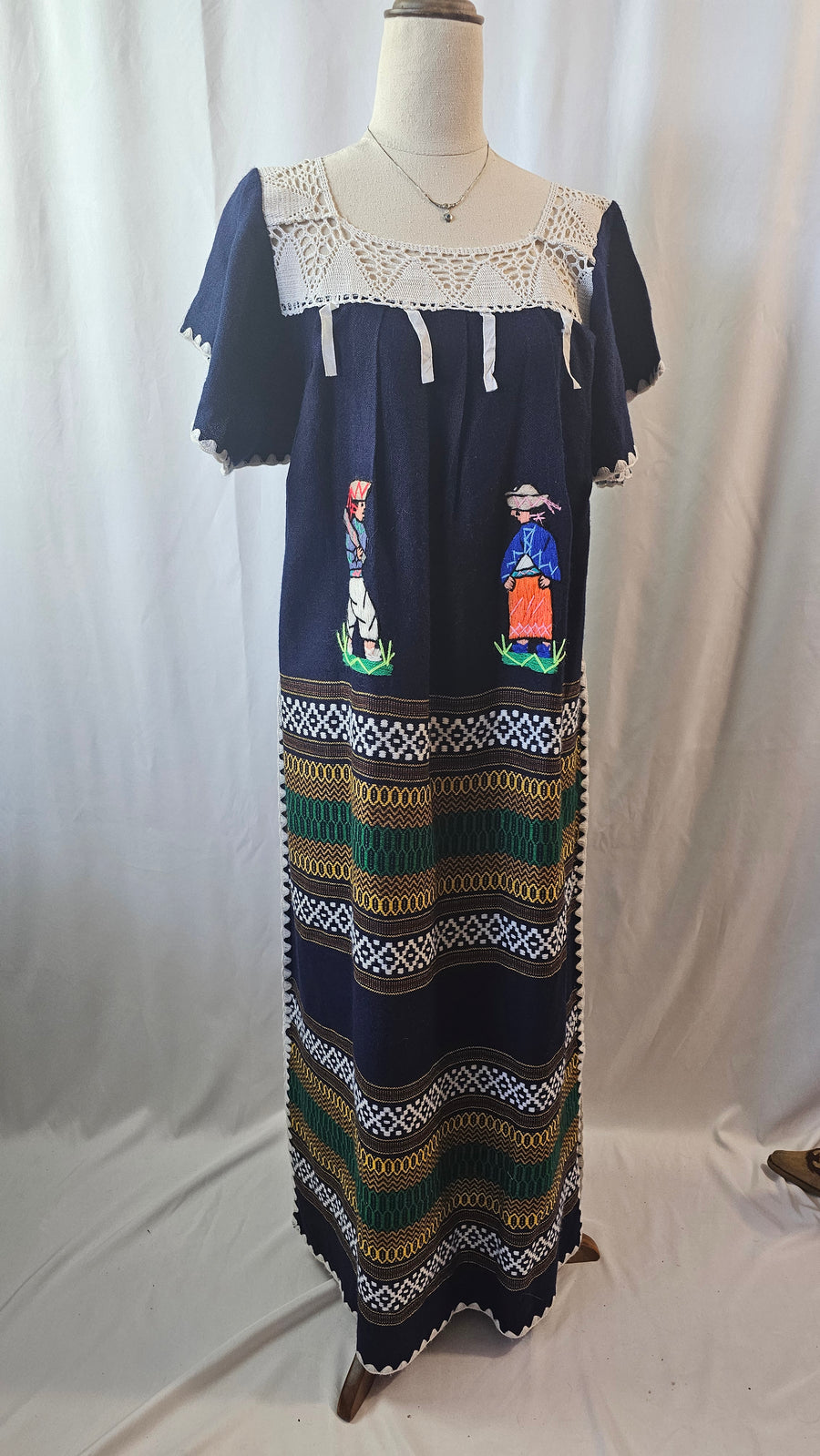 DRESS Maxi Hand Woven Embroidered Crochet yoke Equador Sz S Navy Blanket Artisan