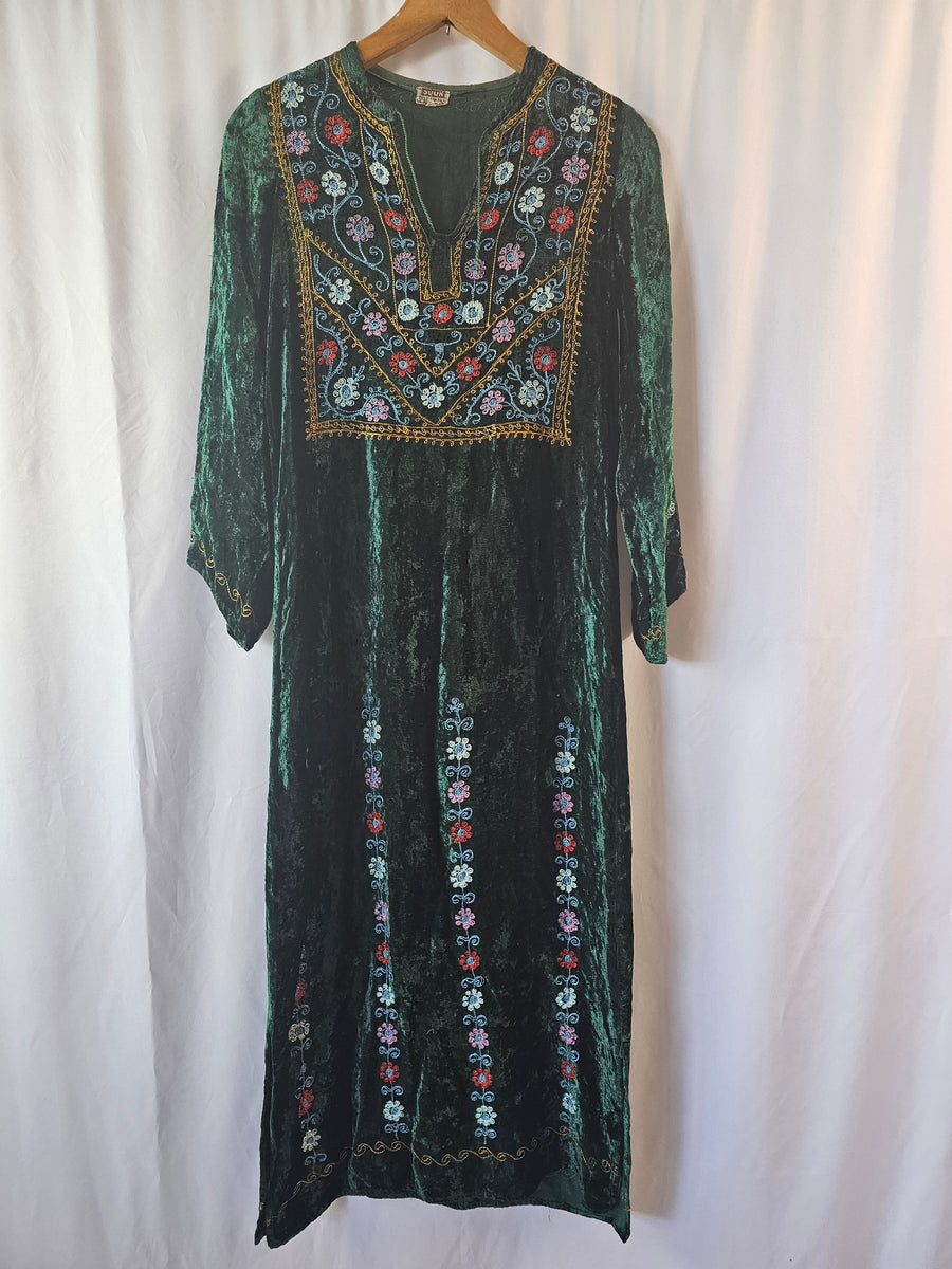 Vintage 70s Crushed Velvet Embroidered Maxi Dress Kaftan Boho 8/10