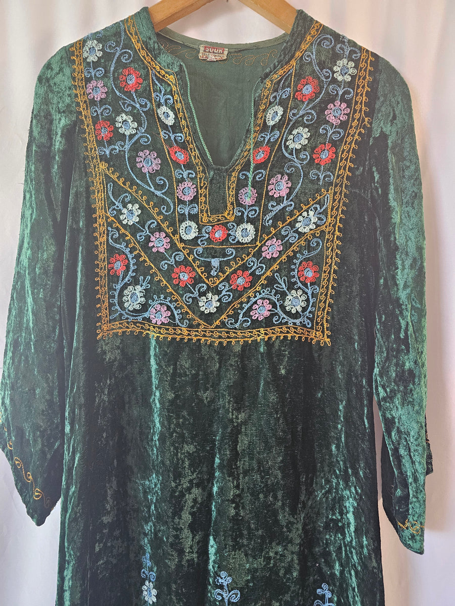 Vintage 70s Crushed Velvet Embroidered Maxi Dress Kaftan Boho 8/10