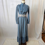 Vintage 1970s  German Indian Cotton Frilled Bodice Prairie Dress S