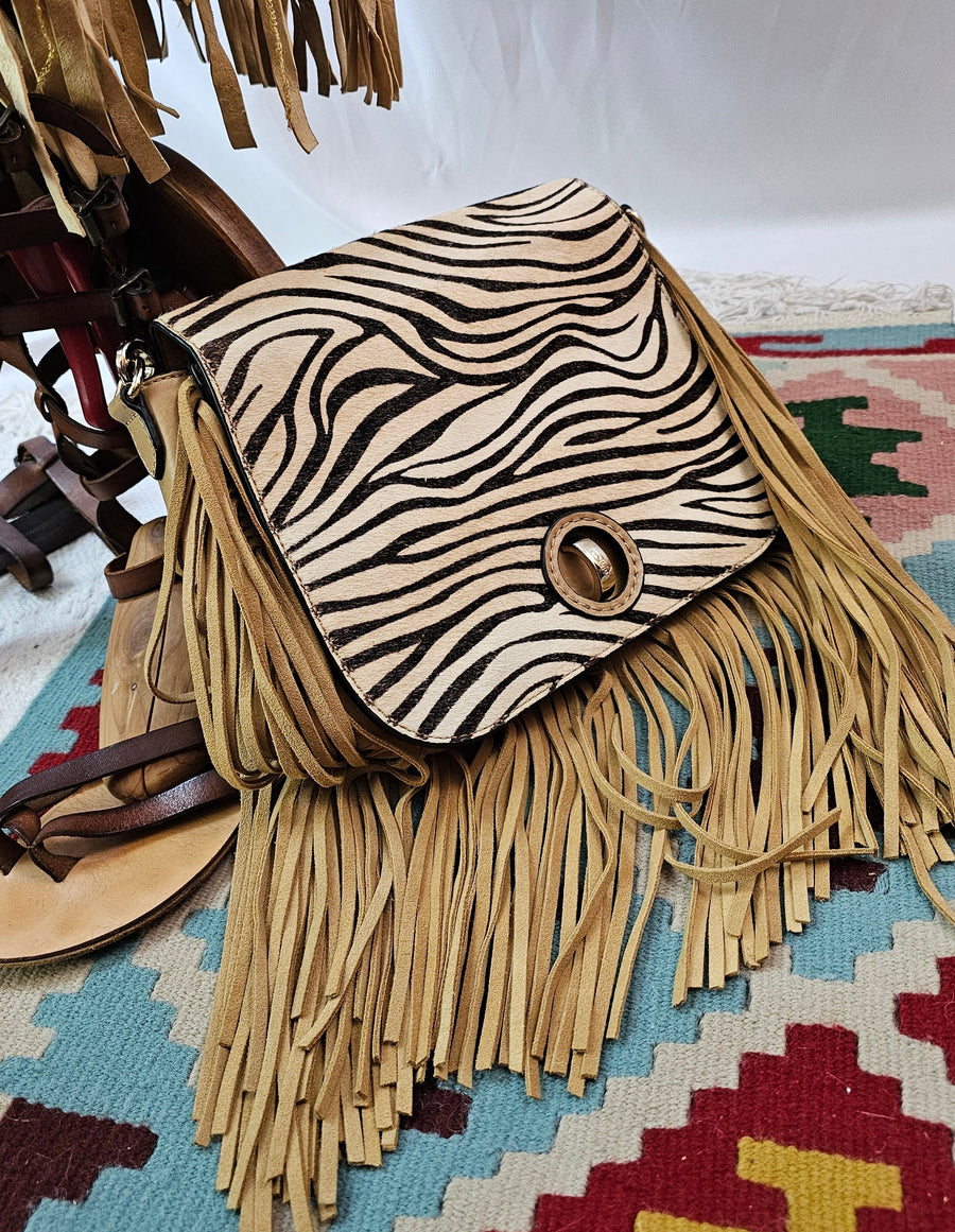 MIMCO ZEBRA PRINT FRINGE CLUTCH/HANDBAG