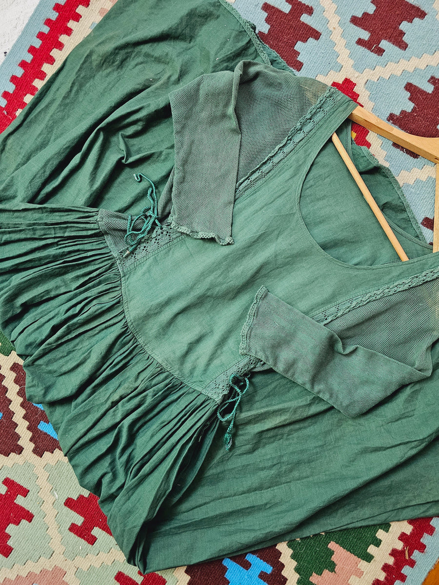 Vintage 1970s Green Cotton Lace Up Peasant Dress M