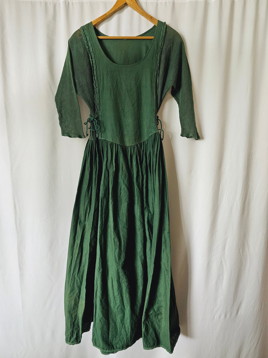 Vintage 1970s Green Cotton Lace Up Peasant Dress M