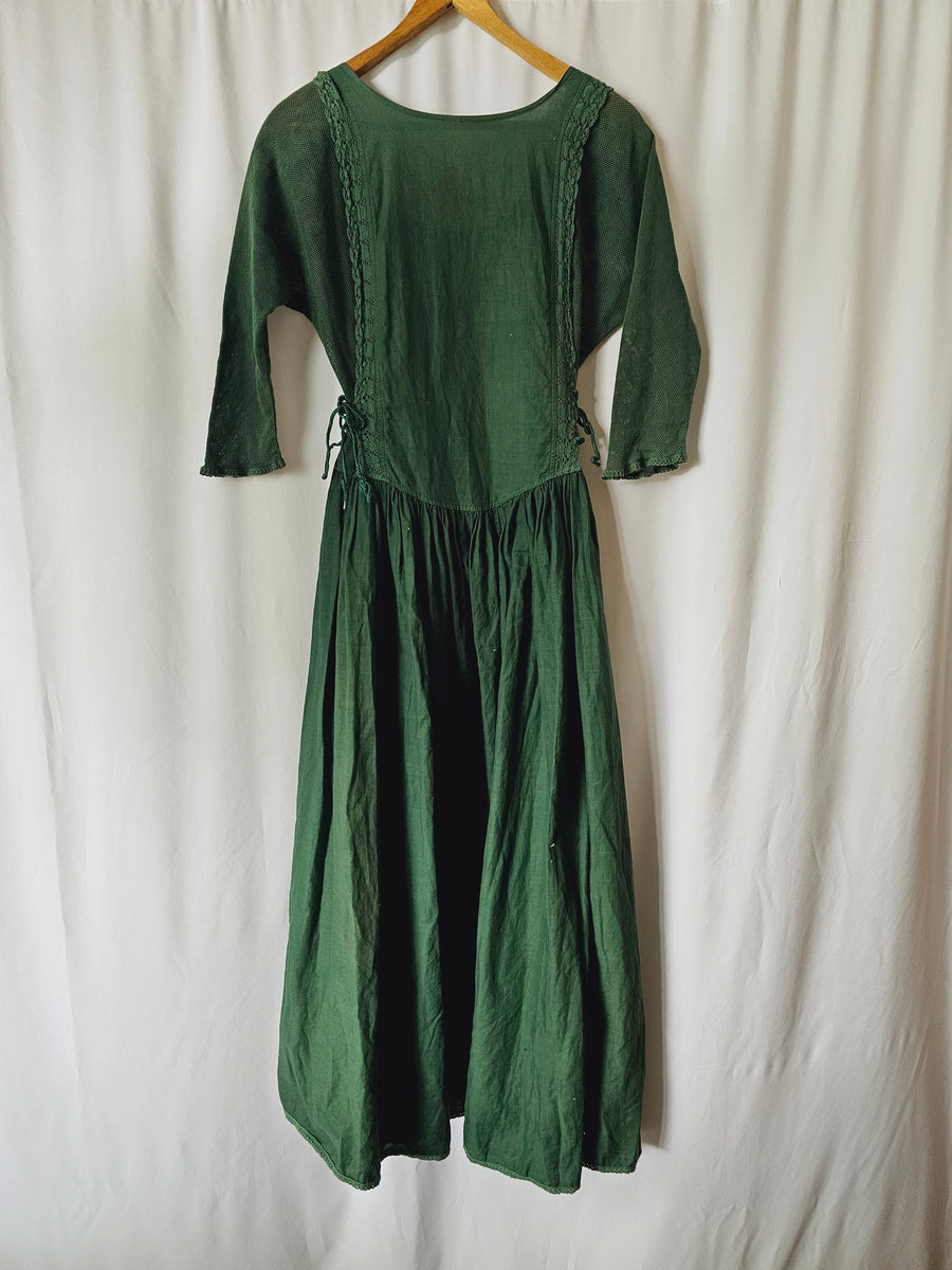 Vintage 1970s Green Cotton Lace Up Peasant Dress M