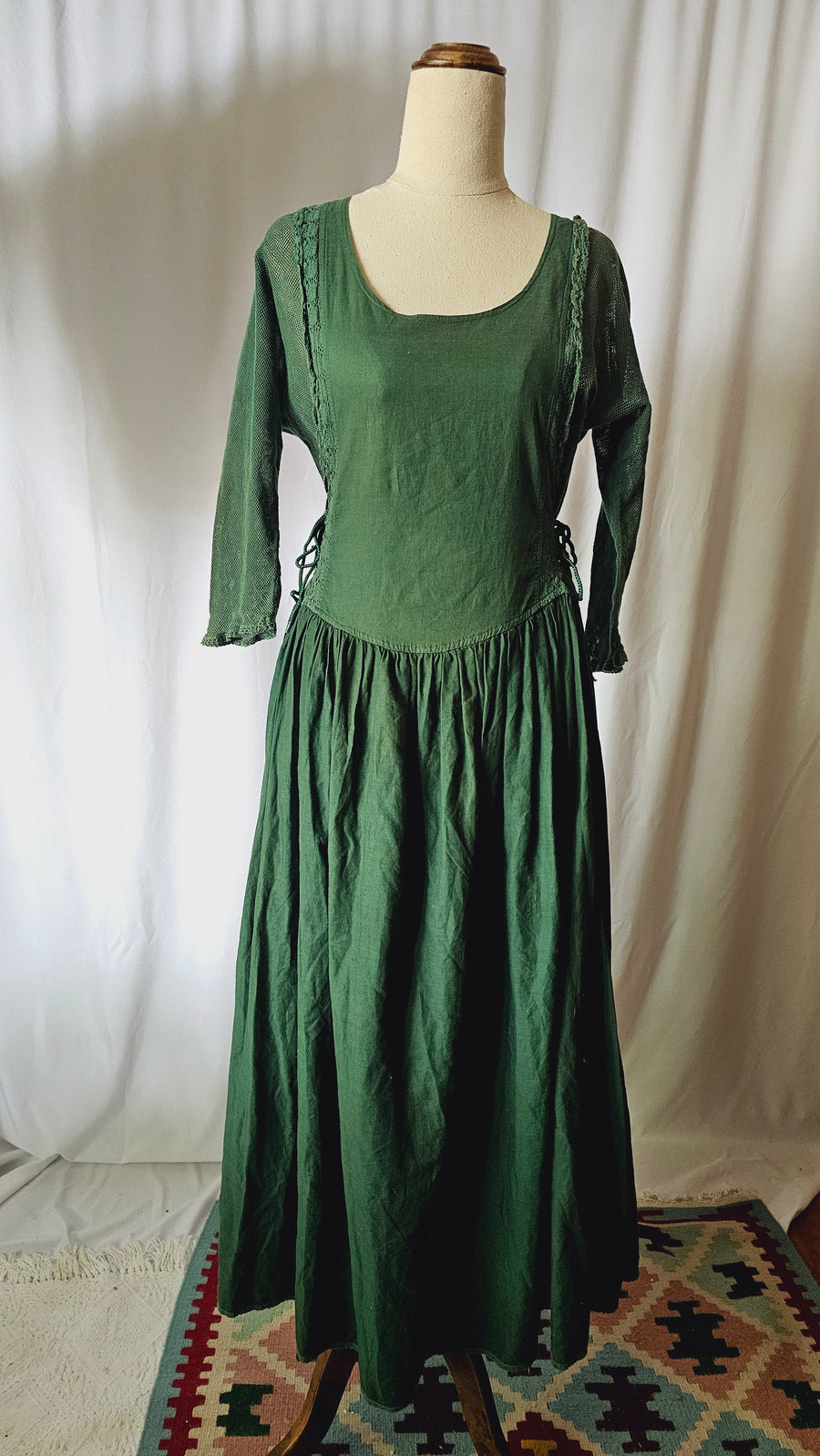 Vintage 1970s Green Cotton Lace Up Peasant Dress M