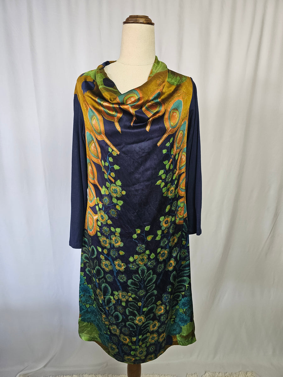 Ritu Kumar Silk Blend Dress – Bold and Elegant Statement Piece with floral & peacock design.