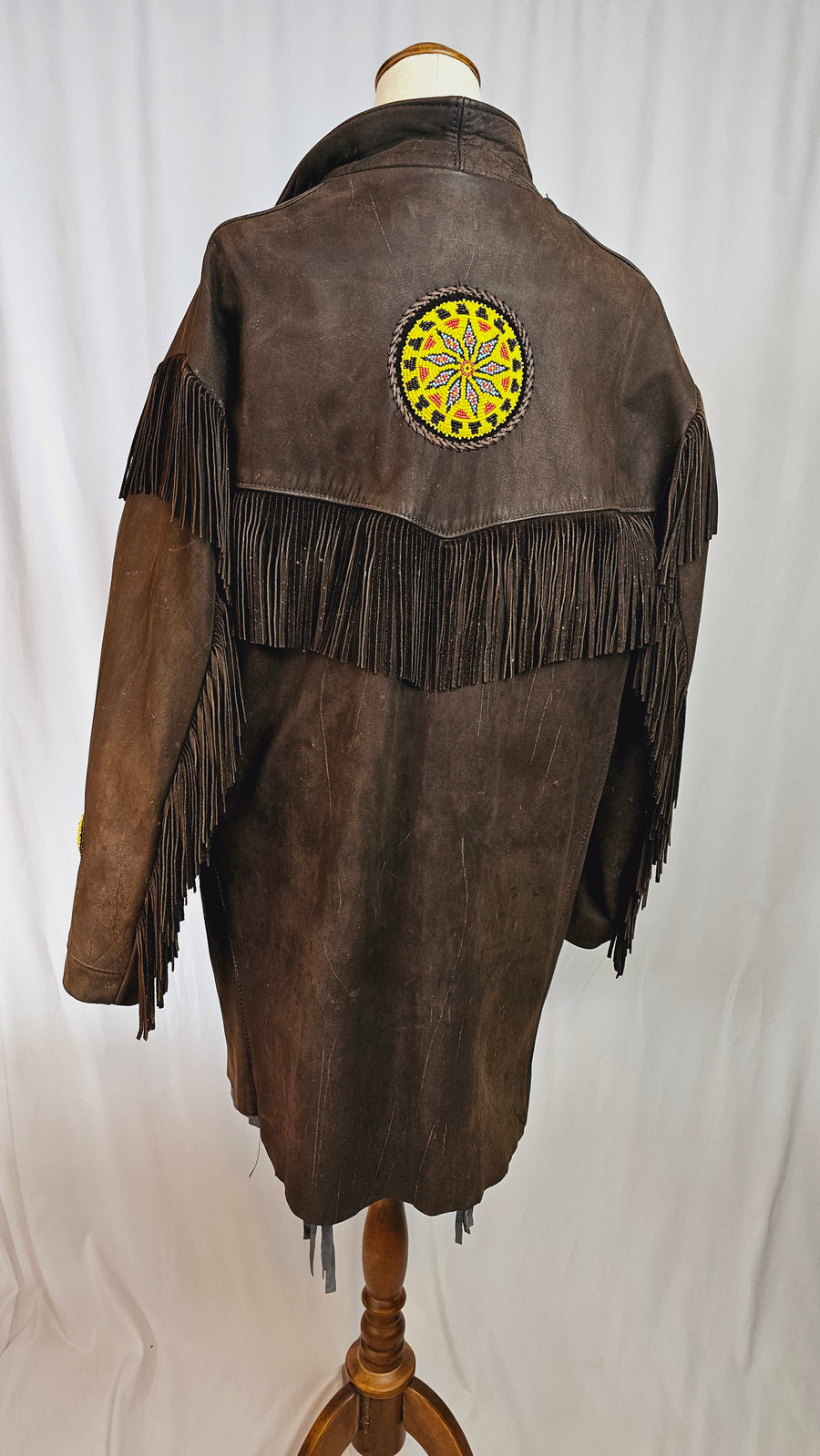 💥 Genuine LEATHER Native Indian Fringe Brown Beaded Coat Jacket M L XL Western