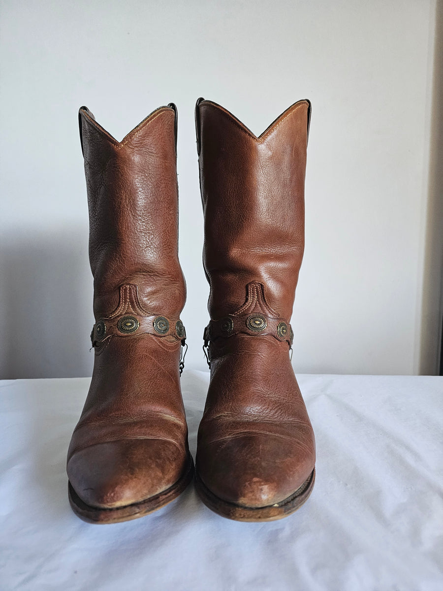 "Vintage Brown Leather Western Cowboy Boots with Concho Harness - Size 10W"