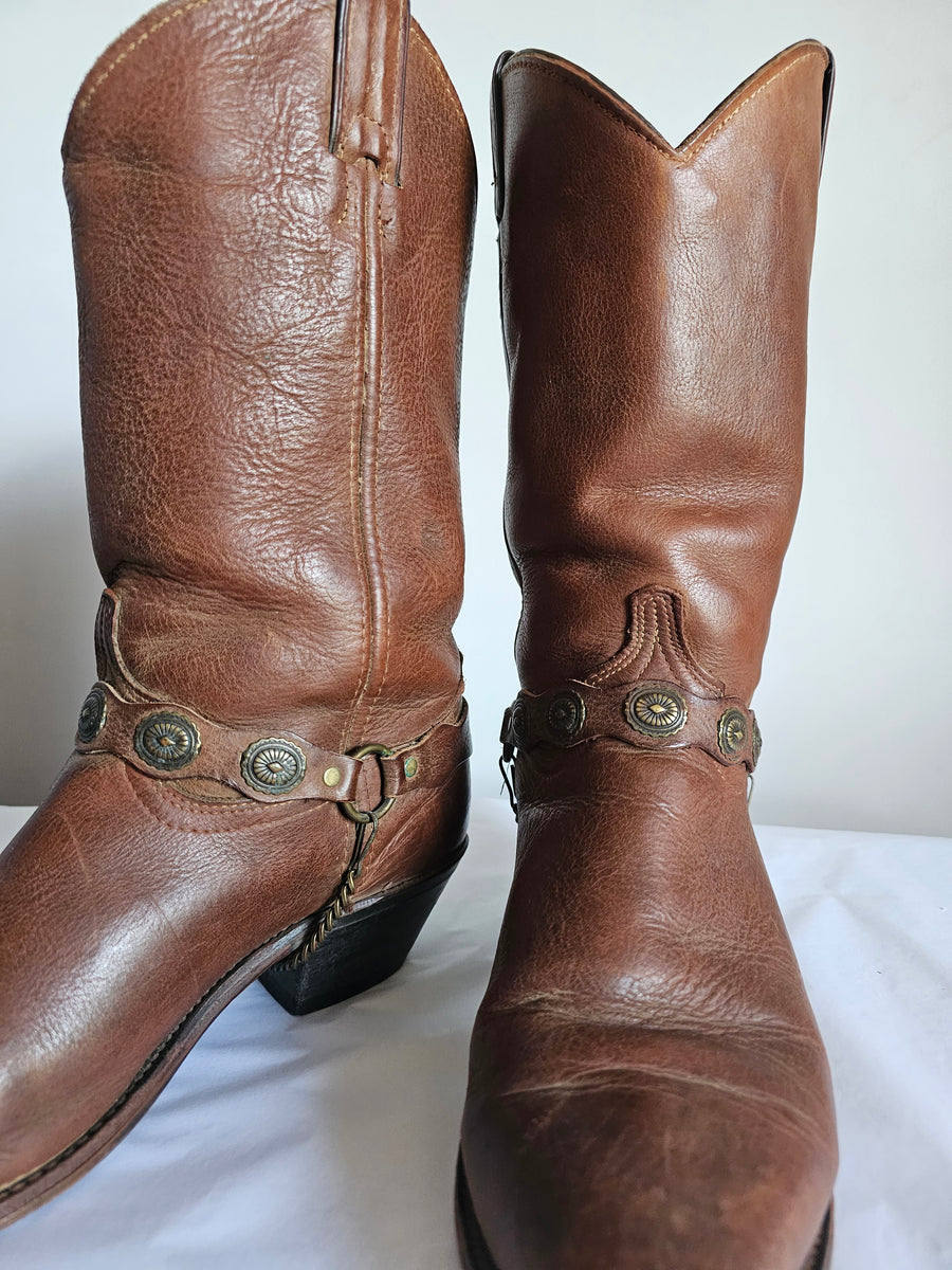 "Vintage Brown Leather Western Cowboy Boots with Concho Harness - Size 10W"