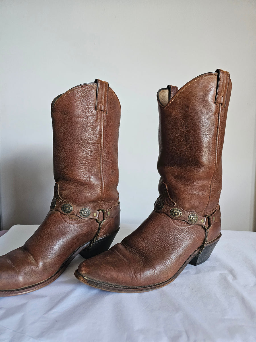 "Vintage Brown Leather Western Cowboy Boots with Concho Harness - Size 10W"