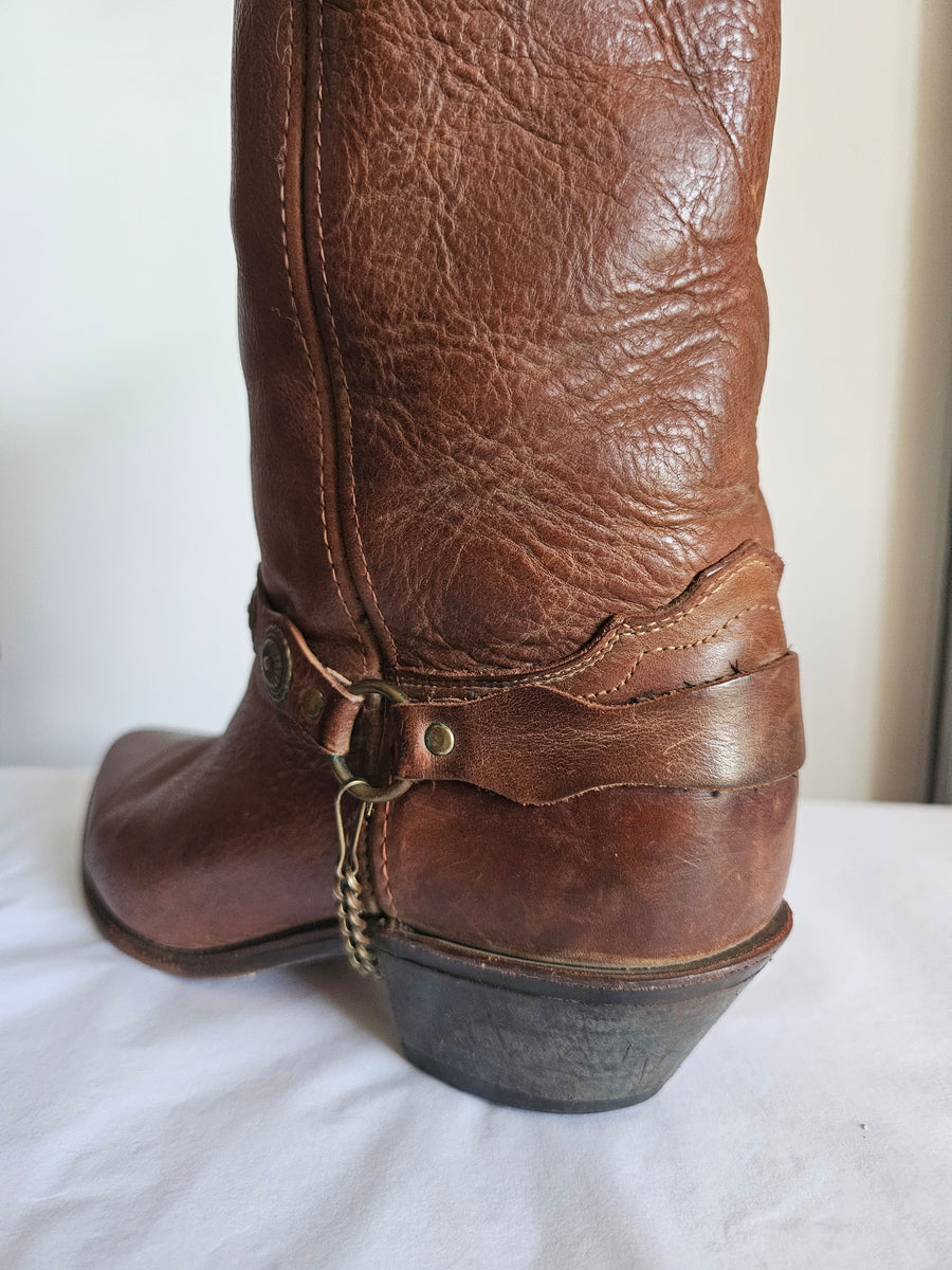 "Vintage Brown Leather Western Cowboy Boots with Concho Harness - Size 10W"