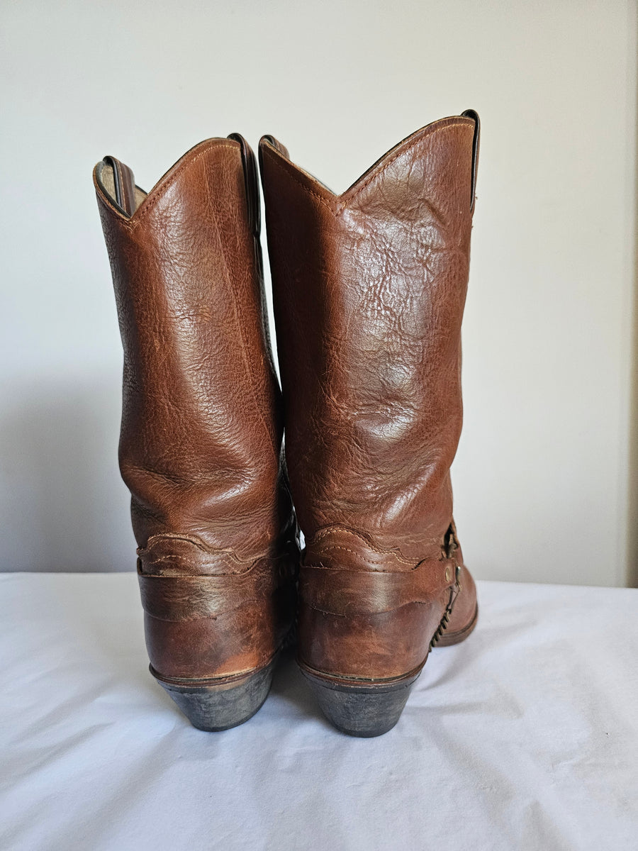 "Vintage Brown Leather Western Cowboy Boots with Concho Harness - Size 10W"