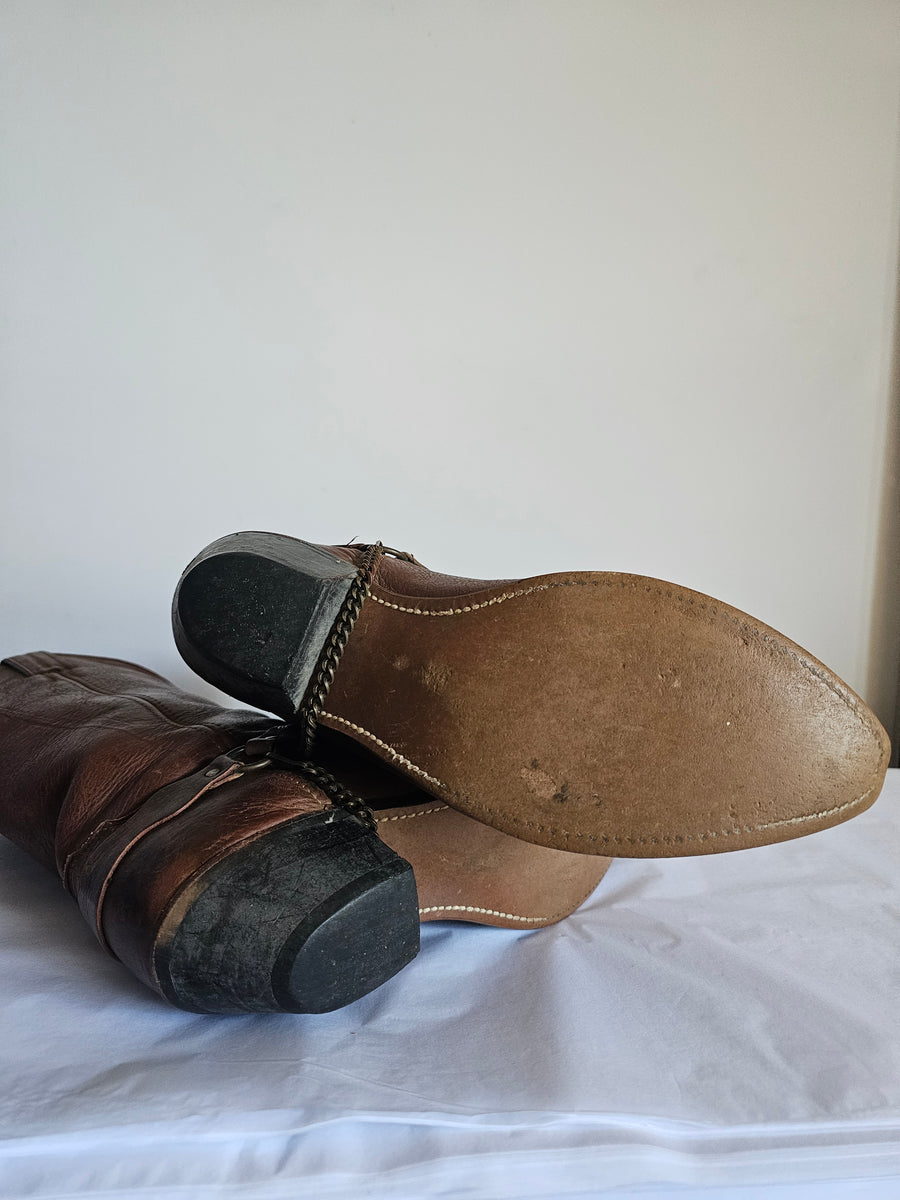 "Vintage Brown Leather Western Cowboy Boots with Concho Harness - Size 10W"