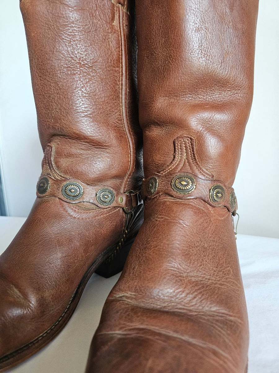 "Vintage Brown Leather Western Cowboy Boots with Concho Harness - Size 10W"