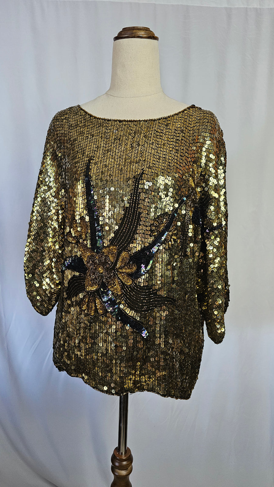 Vintage Gold Sequin Blouse with Floral Beaded Applique S/M