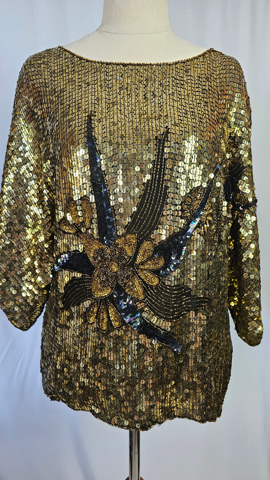 Vintage Gold Sequin Blouse with Floral Beaded Applique S/M