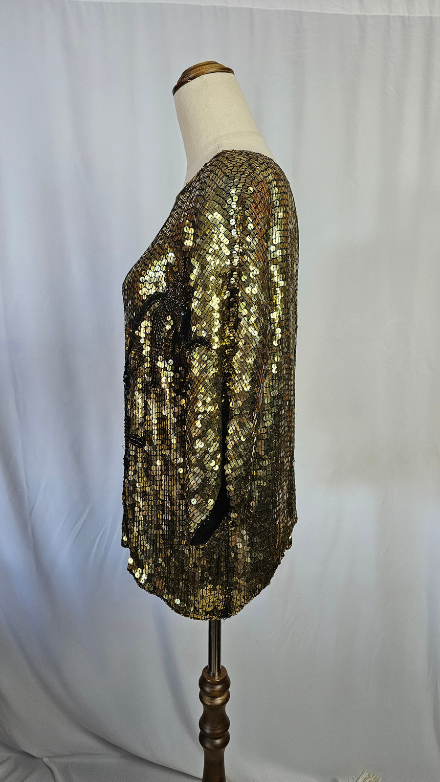 Vintage Gold Sequin Blouse with Floral Beaded Applique S/M