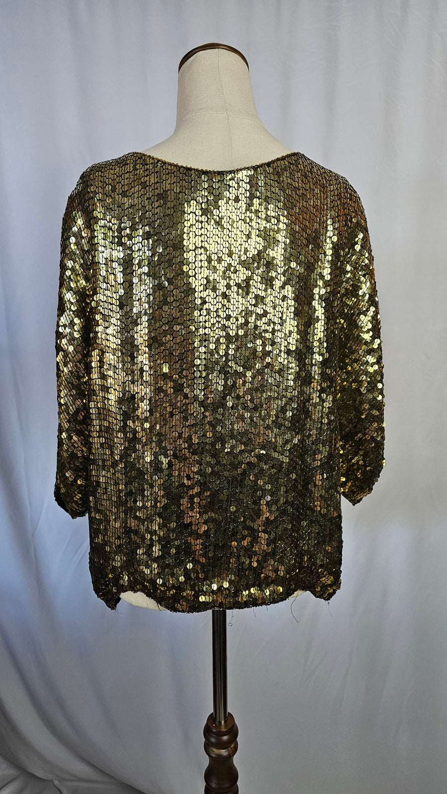 Vintage Gold Sequin Blouse with Floral Beaded Applique S/M