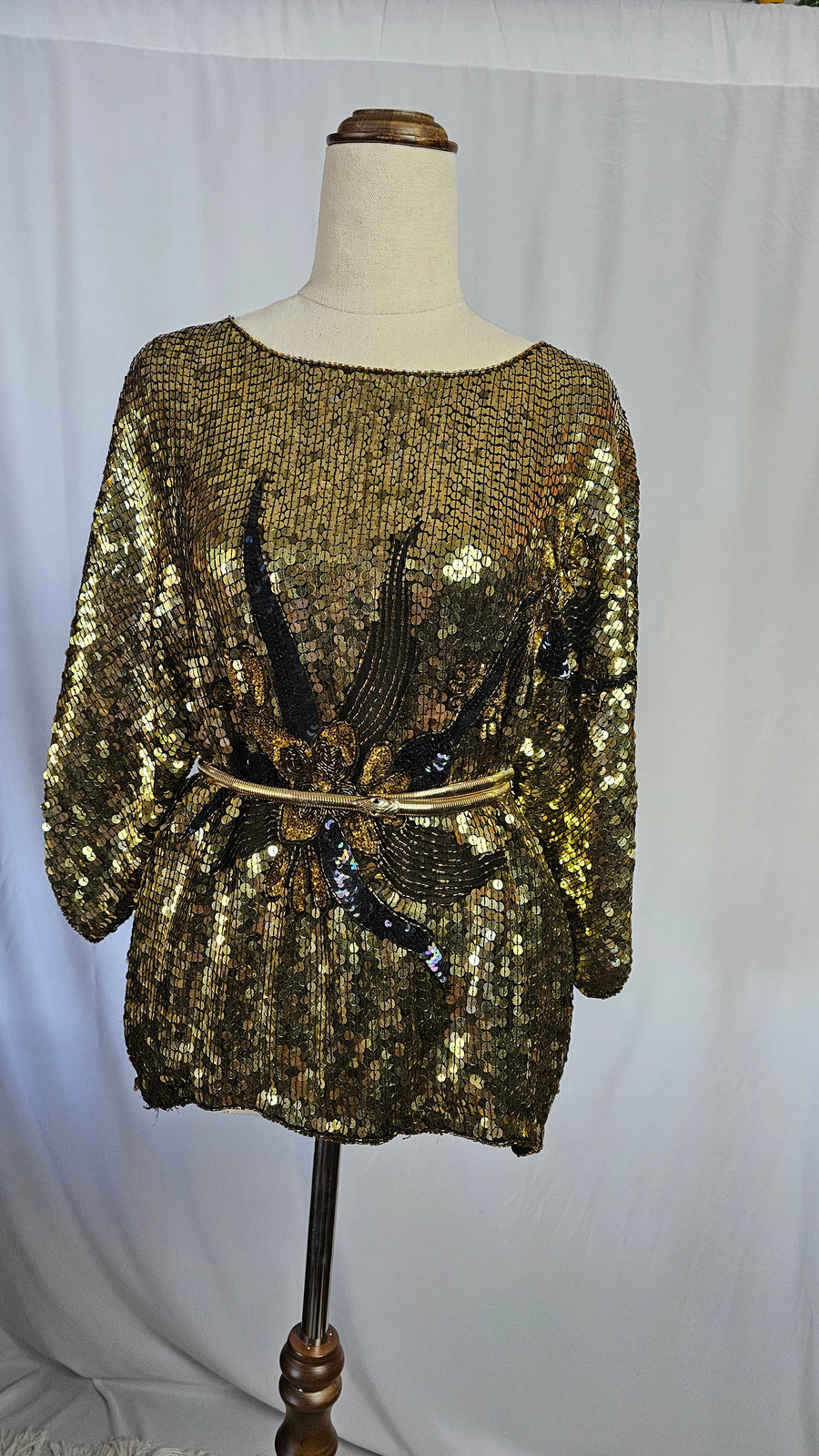 Vintage Gold Sequin Blouse with Floral Beaded Applique S/M