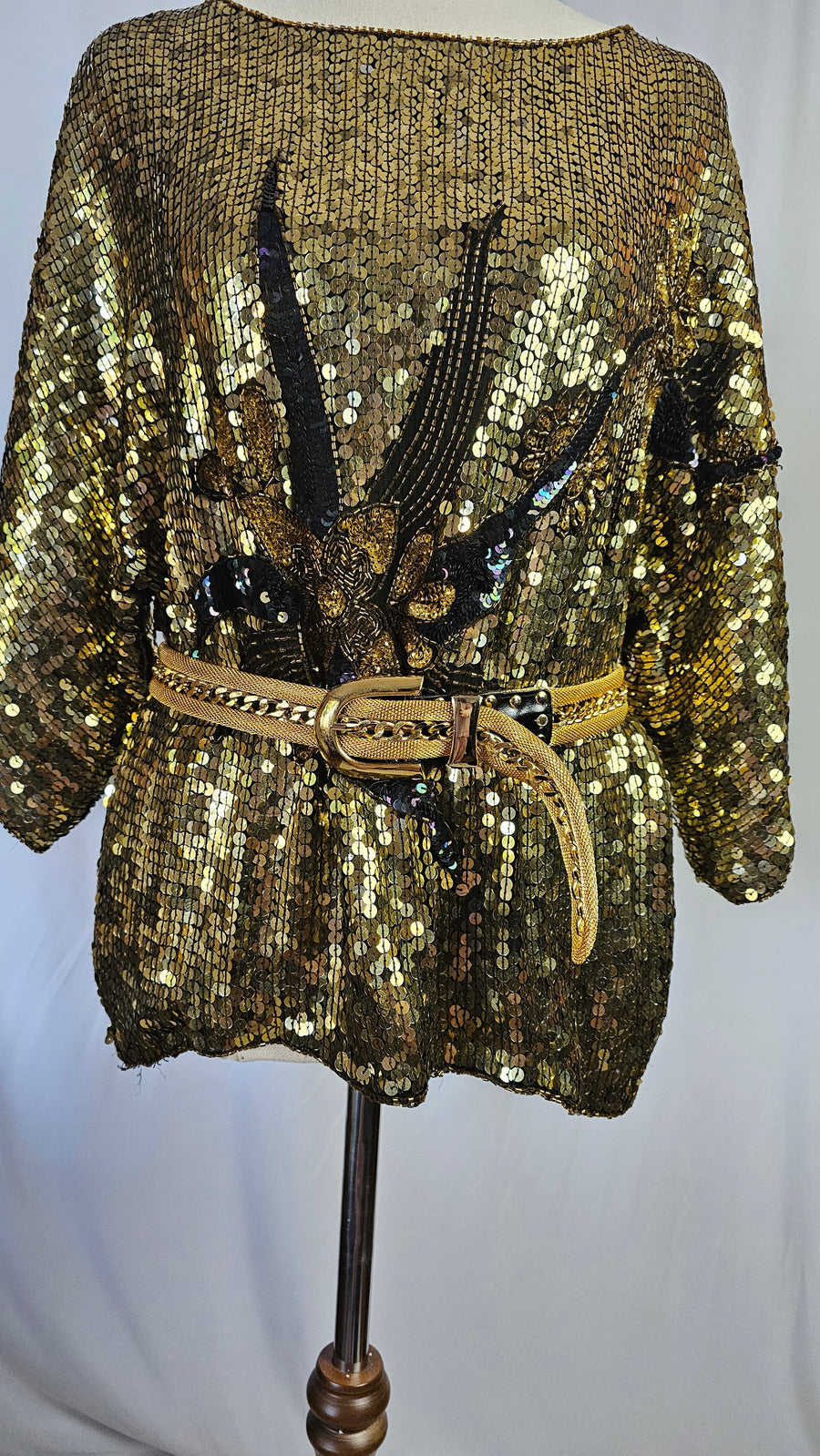 Vintage Gold Sequin Blouse with Floral Beaded Applique S/M