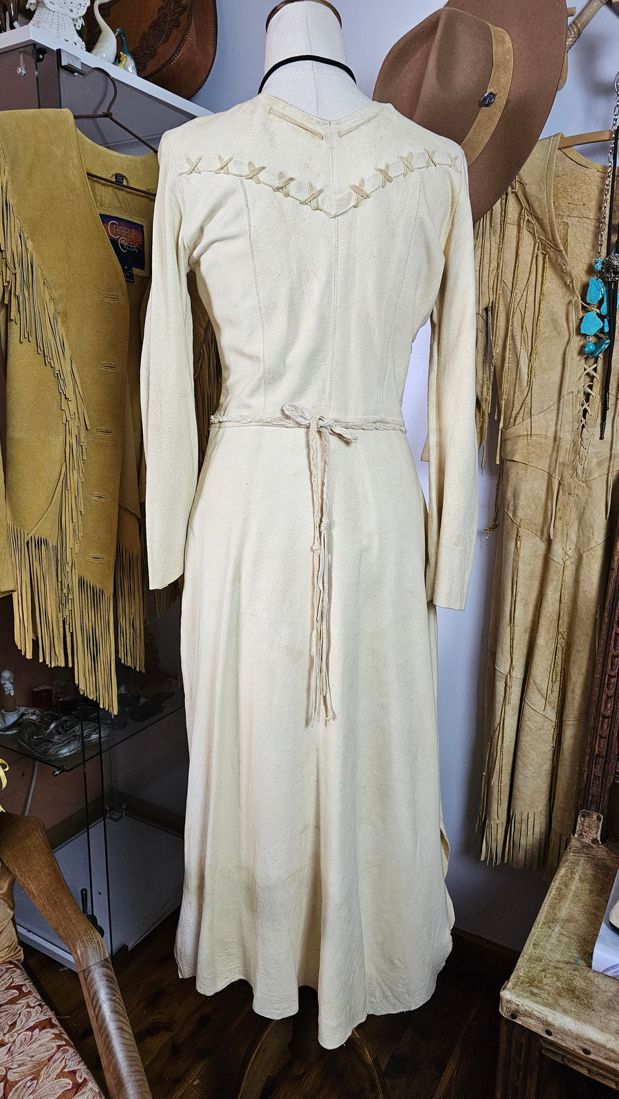 Native American Soft Bone colour leather dress Small