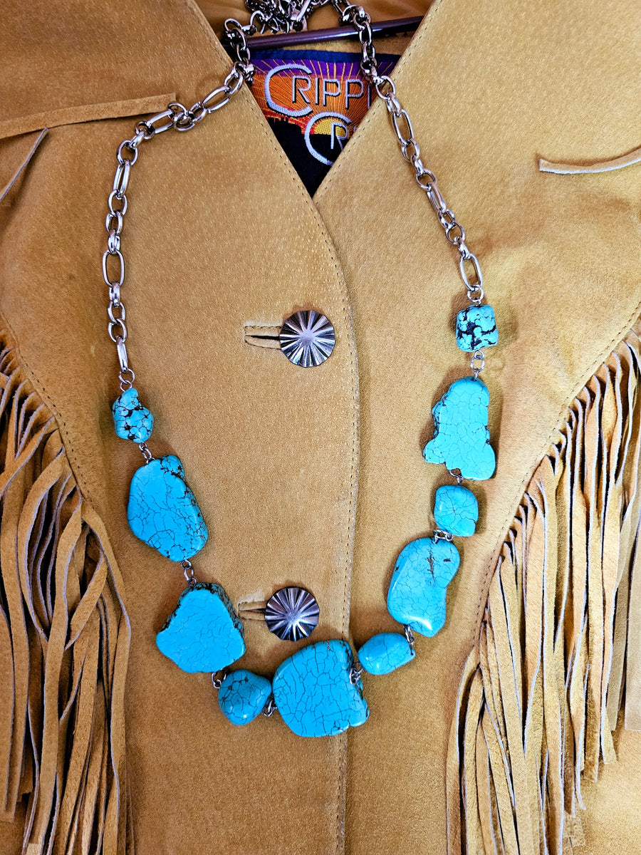 "Bohemian Faux Turquoise Statement Necklace with Silver Chain Links"