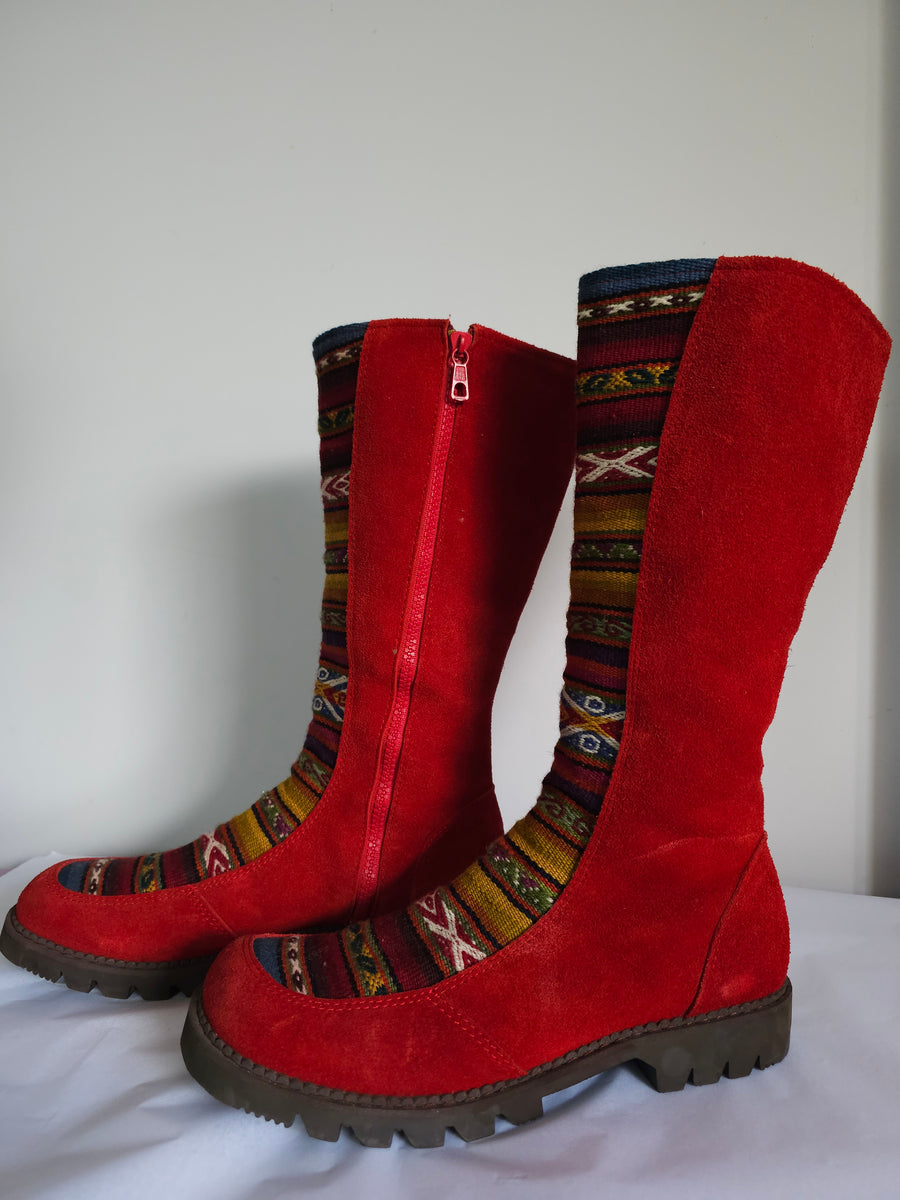 Vibrant Red CAT Leather Boots with Ethnic Detailing – Like New Size 9