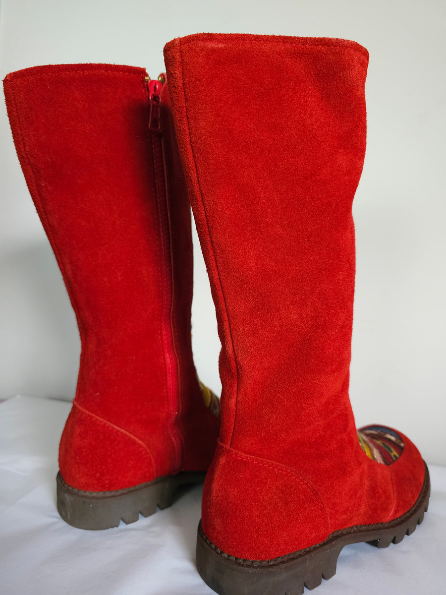 Vibrant Red CAT Leather Boots with Ethnic Detailing – Like New Size 9