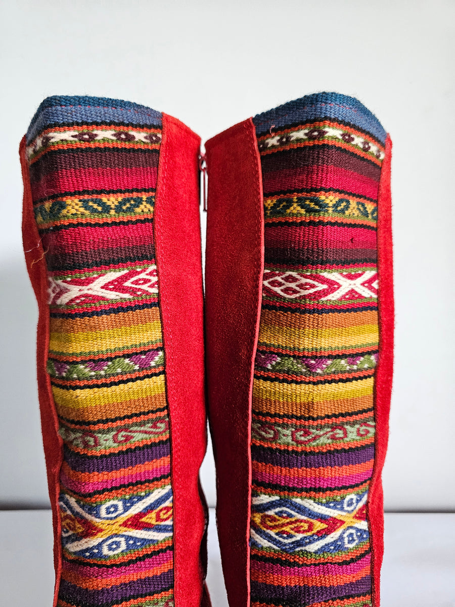 Vibrant Red CAT Leather Boots with Ethnic Detailing – Like New Size 9