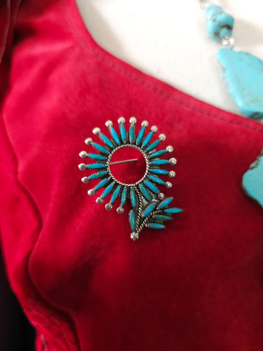 Vintage Navajo-Style Sterling Silver & Turquoise Pinwheel Brooch