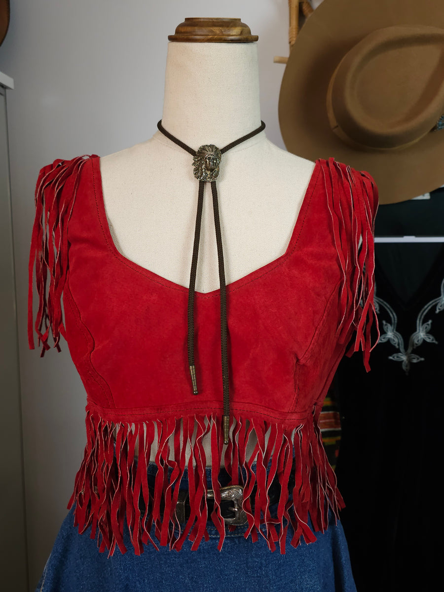 Vintage Red Suede Fringe Crop Top – Boho Western Festival Style M