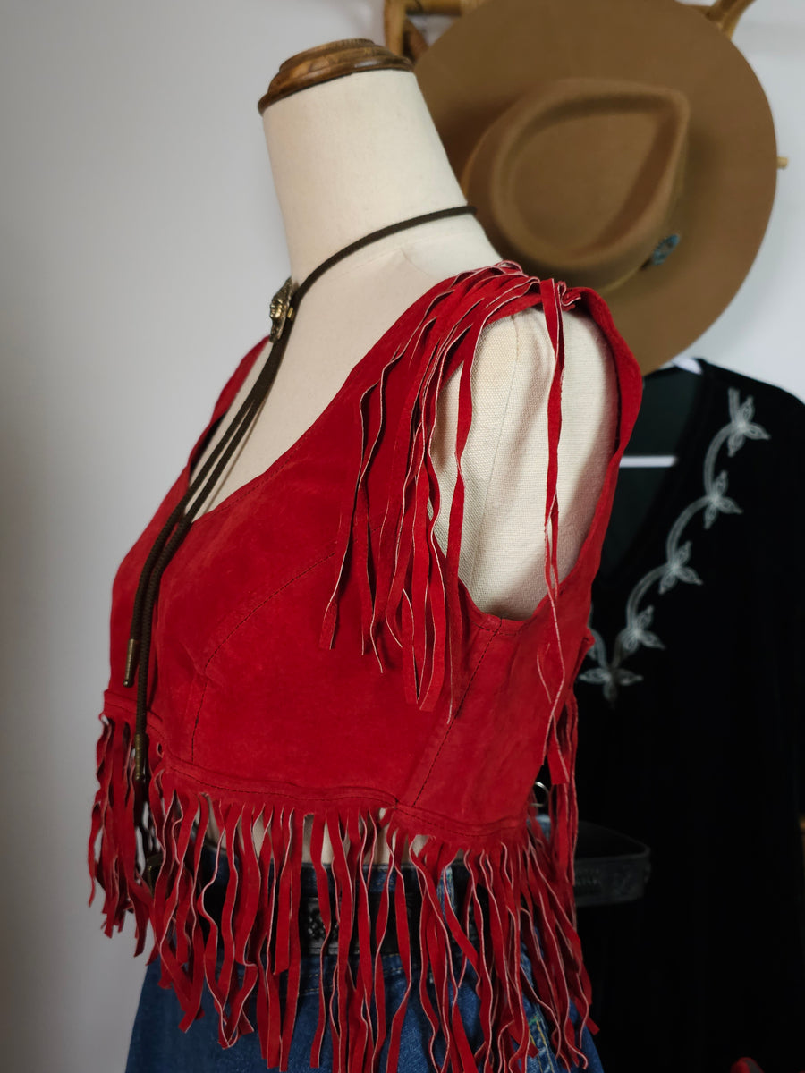 Vintage Red Suede Fringe Crop Top – Boho Western Festival Style M