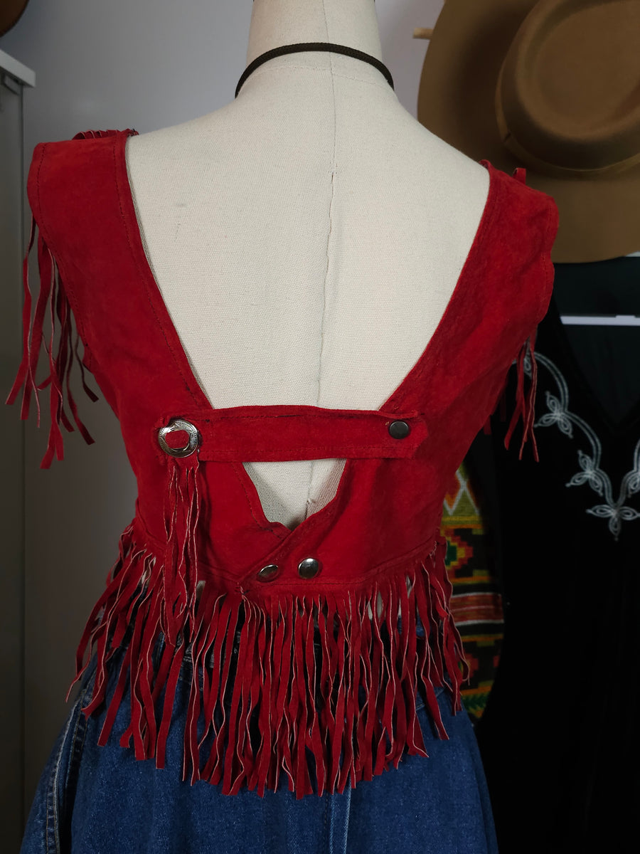 Vintage Red Suede Fringe Crop Top – Boho Western Festival Style M