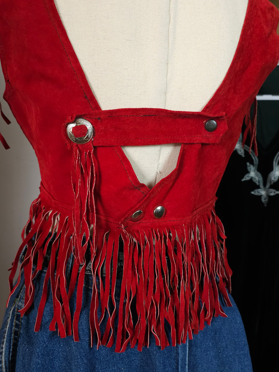 Vintage Red Suede Fringe Crop Top – Boho Western Festival Style M