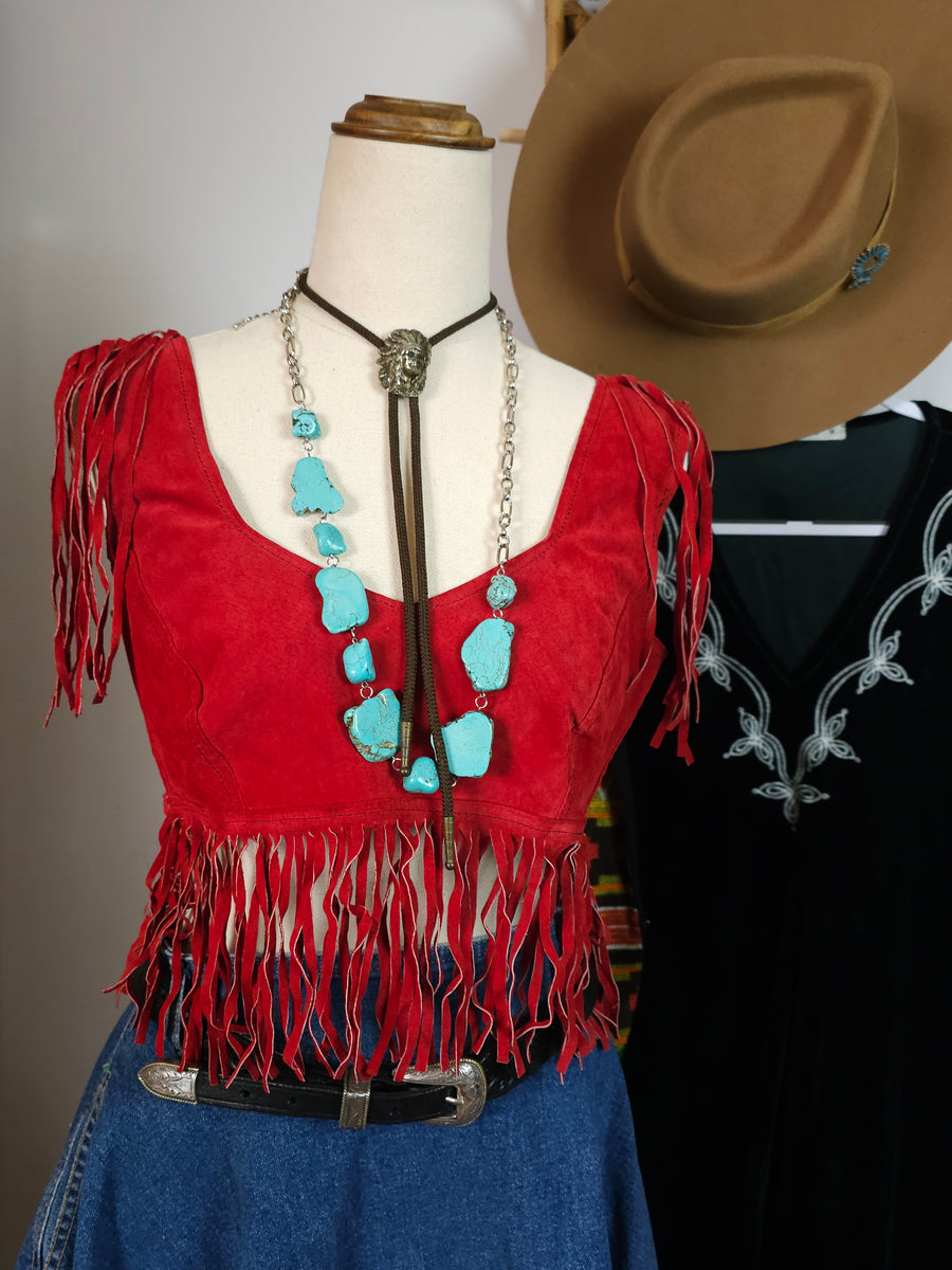 Vintage Red Suede Fringe Crop Top – Boho Western Festival Style M