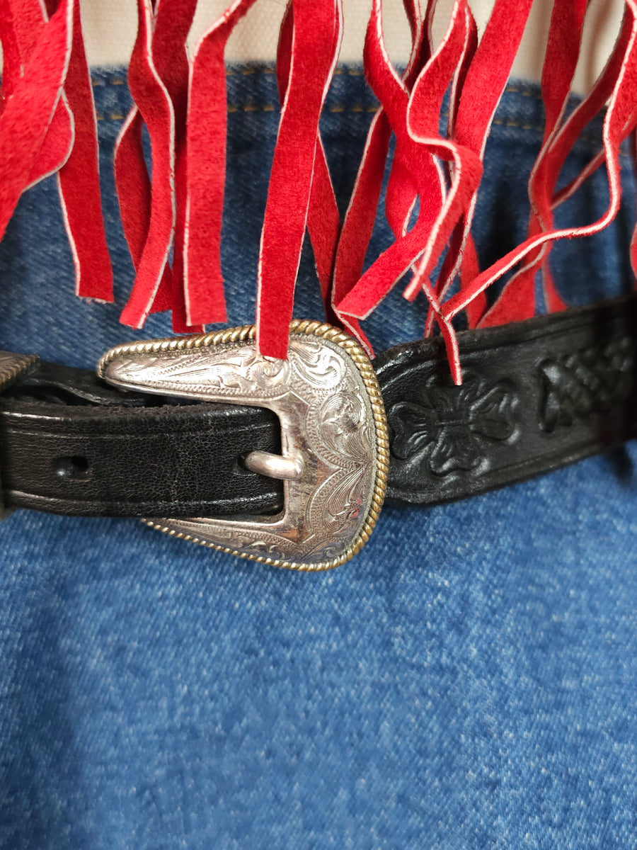 Vintage 1997 Black Leather Western Belt with Engraved Silver Buckle M/L