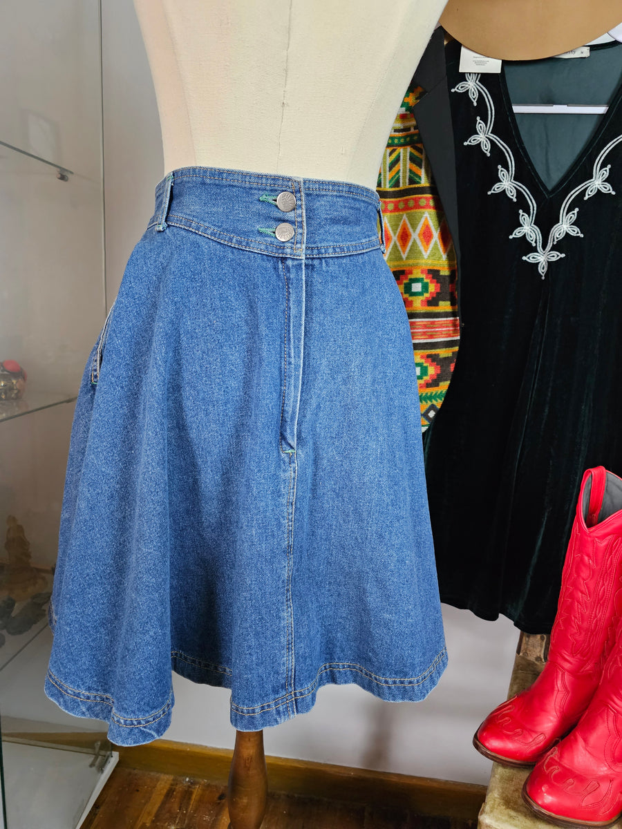 Vintage PIONEER 80s Denim Circle Mini Skirt – Western Cowgirl Style – AU Sz 12-14 (M-L)